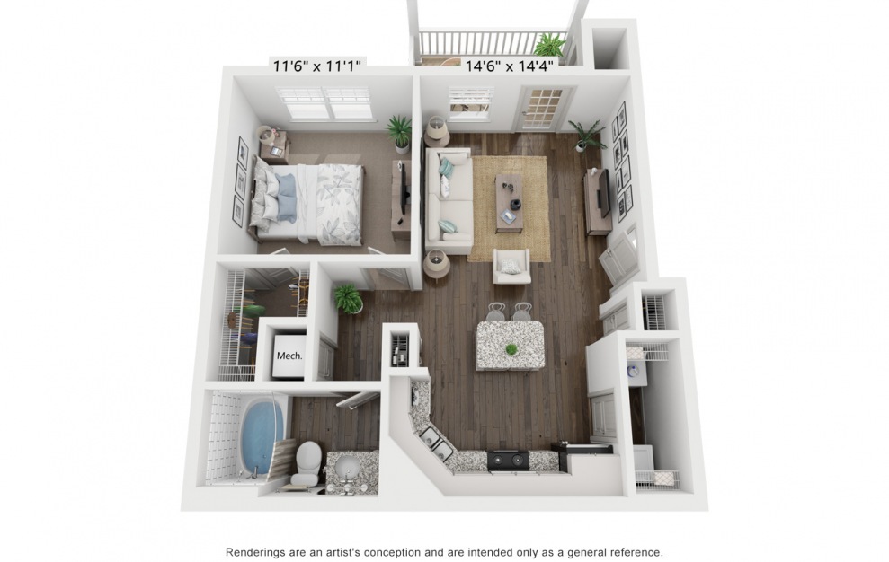 A1 - 1 bedroom floorplan layout with 1 bath and 643 square feet.