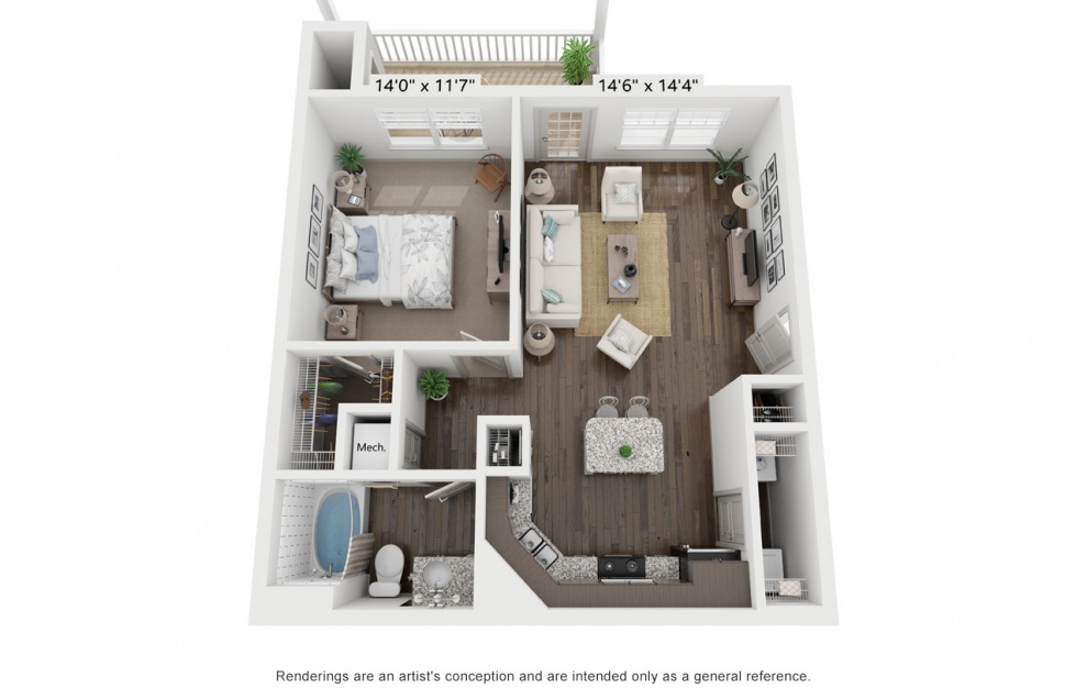 A2 - 1 bedroom floorplan layout with 1 bath and 743 square feet.