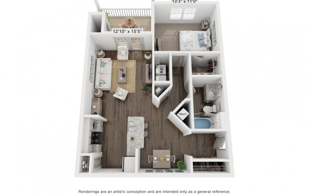 A3 - 1 bedroom floorplan layout with 1 bath and 837 square feet.