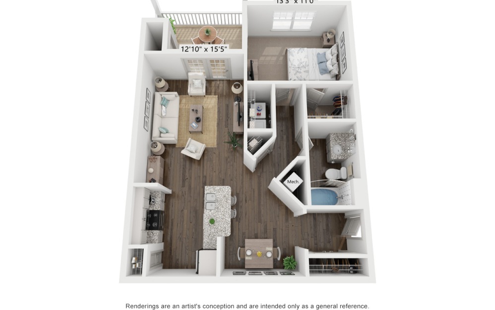 A3 - 1 bedroom floorplan layout with 1 bathroom and 837 square feet