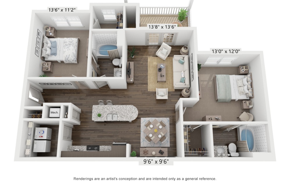 B1 - 2 bedroom floorplan layout with 2 bathrooms and 1124 square feet