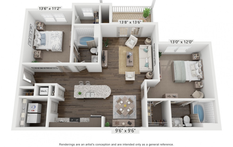B1 - 2 bedroom floorplan layout with 2 baths and 1124 square feet.
