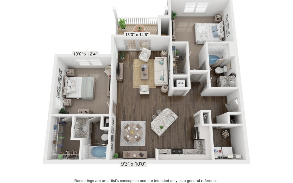 B2 - 2 bedroom floorplan layout with 2 bathrooms and 1224 square feet