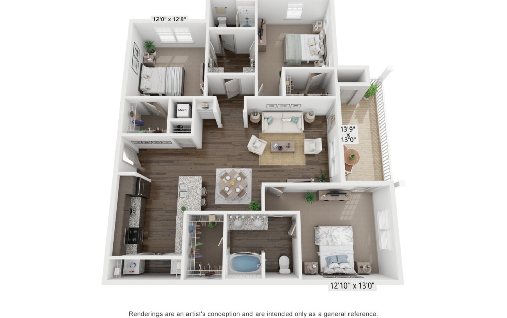 C1 - 3 bedroom floorplan layout with 2 bathrooms and 1488 square feet