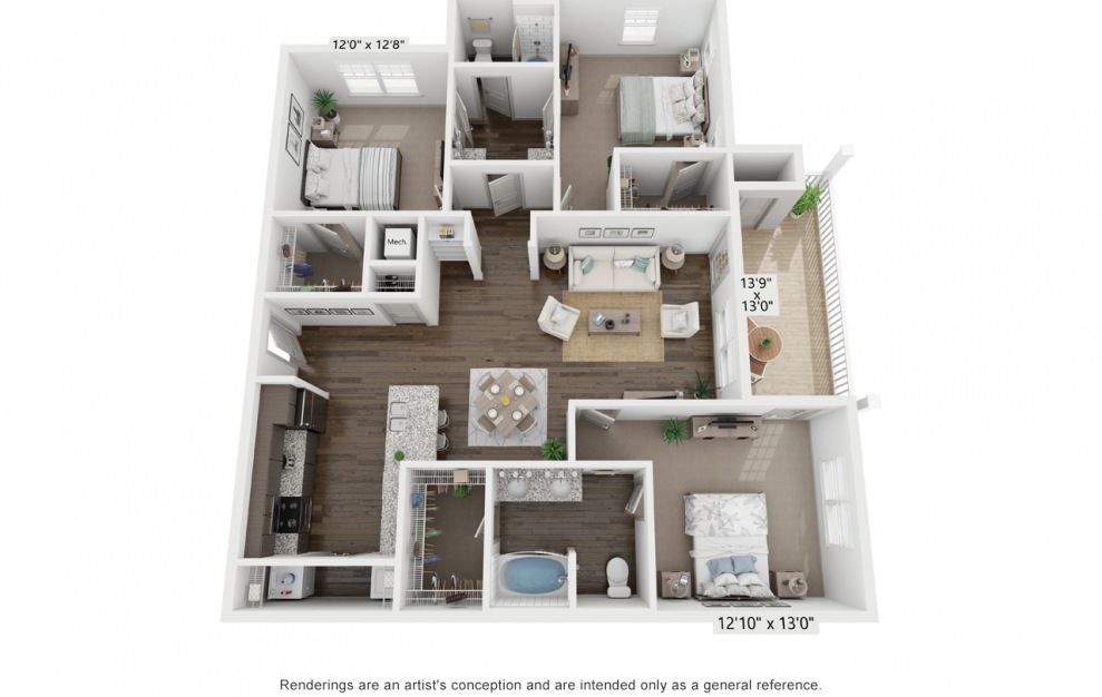 C1 - 3 bedroom floorplan layout with 2 baths and 1488 square feet.